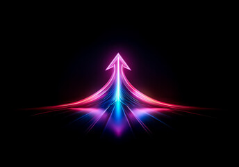 Poster - Abstract upward arrow with vibrant pink and blue light trails against a dark background.  Symbolizing growth, direction, and futuristic technology with a neon glow effect.