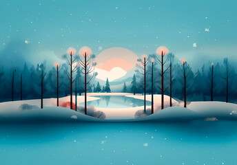 Poster - Gentle winter scene. Snow-covered trees surround a frozen pond under soft, warm light in a blue and white landscape. Peaceful and serene.