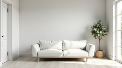 Poster - Serene Minimalist Living Room with White Sofa and Potted Plant Against a Blank Wall