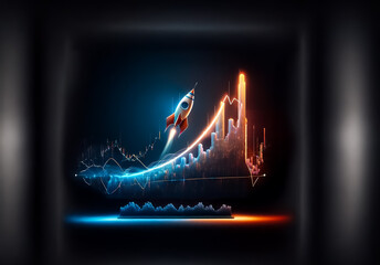 Fototapete - A rocket launches upwards, mirroring an ascending financial chart line in vibrant blue and orange neon lights against a dark backdrop, symbolizing growth.