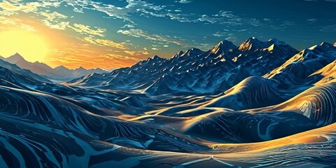 Poster - A mountain range with a sun in the sky