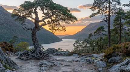 Wall Mural - Sunset over Scottish loch, lone pine tree, rocky outcrop, peaceful vista, travel poster