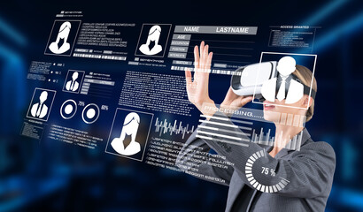 Wall Mural - This image illustrates a professional engaging with virtual reality technology to analyze and protect digital identity and personal data in a secure online environment. XDMCP