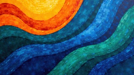 Fototapete - Abstract Colorful Wavy Lines Artistic Design Showing Flowing Curves and Shades of Blue, Green, Orange, and Yellow