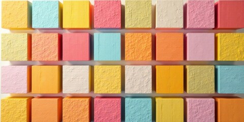 Fototapete - A vibrant array of pastel-colored blocks arranged in a grid pattern, showcasing a textured surface and subtle variations in hue.