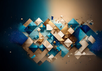 Aufkleber - Dynamic abstract art with blue, gold, and beige geometric shapes. Squares and triangles scattered against a gradient backdrop for a modern visual.
