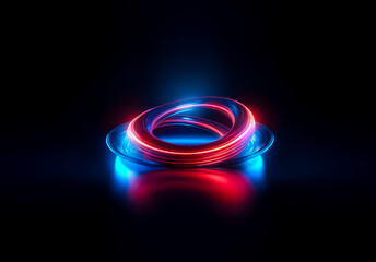 Poster - A luminous red ring glows brightly on a reflective surface, casting a vibrant blue reflection in the dark.  Abstract and modern, it evokes digital technology and futuristic design with its electric ne