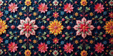 Leinwandbilder - Intricate Floral Textile Design Featuring Vivid Blooms and Ornate Detailing on a Deep Blue Background