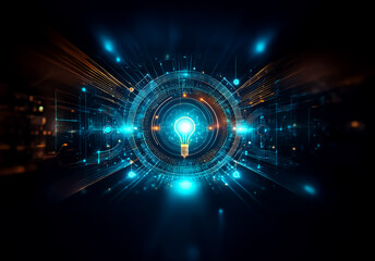 Fototapete - Bright light bulb at center emitting radiating blue energy waves and orange lines on dark backdrop.  A futuristic and technological concept of idea, innovation, and connection.