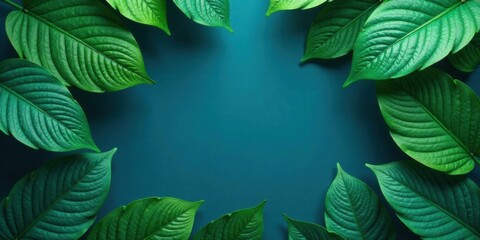 Aufkleber - Lush Green Foliage Arranged in a Frame Against a Vibrant Teal Background, Perfect for Nature-Inspired Designs and Projects
