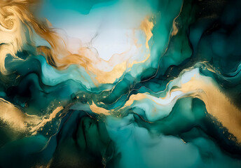 Poster - Abstract art with flowing teal and emerald green hues accented by shimmering gold swirls, creating a luxurious and fluid texture.