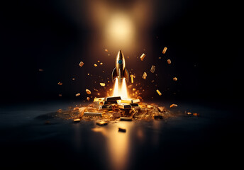 Aufkleber - A golden rocket blasts off from a heap of gold bars, scattering fragments and emitting bright sparks against a dark backdrop.  A strong light shines from above.