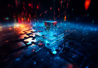 Poster - A luminous blue cube sits atop puzzle-piece circuits, glowing with orange sparks.  A modern, abstract representation of interconnected technology and digital concepts.