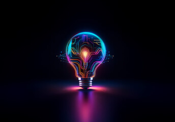 Leinwandbilder - Vibrant light bulb with neon circuit patterns illuminates the dark. Glowing filaments and digital lines suggest innovation and technological ideas.