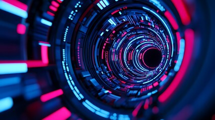 Poster - Abstract digital tunnel, glowing neon lights.