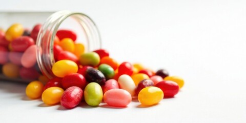 Poster - A colorful assortment of oval-shaped candies spills from a clear glass jar onto a pristine white surface, creating a vibrant and appealing display of sweet treats.