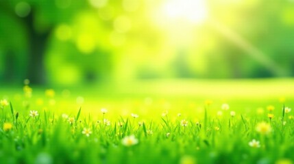 Aufkleber - Serene Spring Meadow Vibrant Green Grass, Delicate Wildflowers Basking in Warm Sunlight, Peaceful Nature Scene