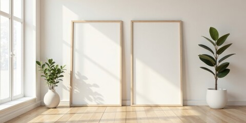 Aufkleber - Minimalist interior design featuring two blank frames and potted plants in a sunlit room