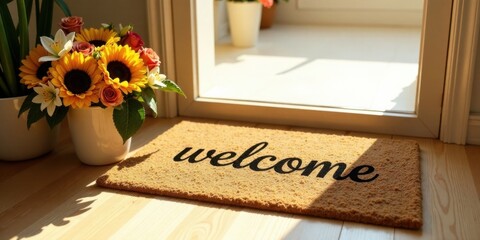 Poster - Sunlit Entrance Welcoming Floral Arrangement and Doormat with Welcome Message
