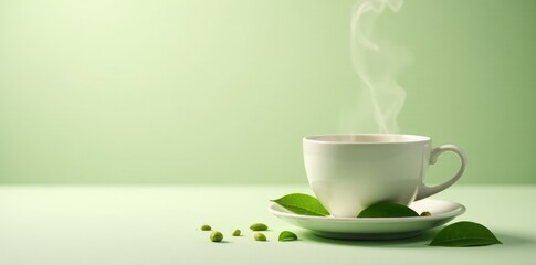 Sticker - Delicate steam rises from a cup of tea with green tea leaves on a light background, quiet, gentle