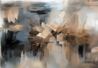 Aufkleber - Abstract painting featuring dynamic brushstrokes in neutral tones of beige, brown, grey, and black, creating depth and a sense of movement.