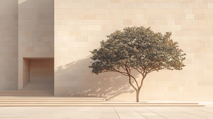 Poster - Tree, modern building, sunlight, steps, urban plaza, architecture, design, background