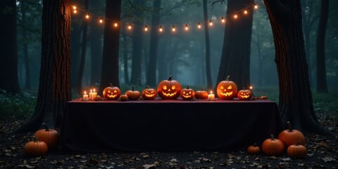 Poster - Enchanted Forest Halloween Gathering with Illuminated Jack-o'-lanterns and Candles on a Dark Table
