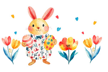 Adorable watercolor illustration of an Easter bunny wearing a floral dress, holding colorful decorated eggs, surrounded by spring flowers and hearts on a white background