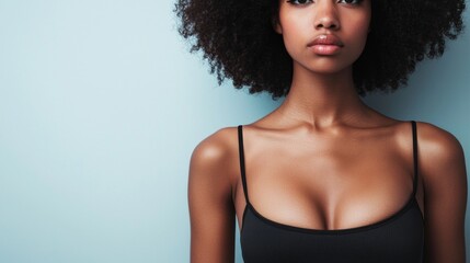 Poster - A striking portrayal of a woman's torso showcasing natural beauty and confidence, complemented by a soothing backdrop that enhances her calm demeanor and radiant skin tone