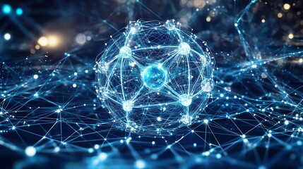 Poster - Abstract Digital Network Globe Futuristic Technology Connection Data Blue Shiny Illuminated Lines Points Nodes Global Communication Internet World    