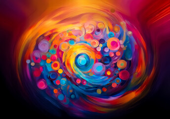 Poster - Abstract swirling vortex of vibrant colors, circles, and curves. A dynamic and energetic composition with a sense of motion.
