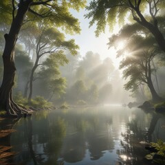 Sticker - Sunlight filters through canopy above misty lake, water, peaceful