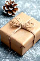 Wall Mural - brown box with a white ribbon and pine cone on top. the pine cone is covered in snow