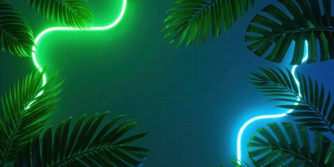Poster - Luminous Green Neon Lights Frame Tropical Foliage Against a Deep Teal Background