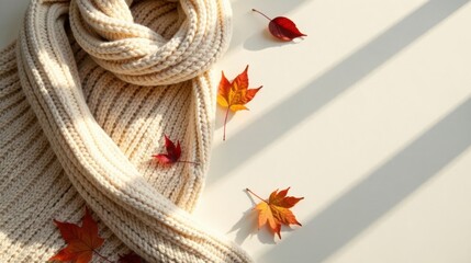 Poster - A soft cream-colored knitted scarf, casually draped, adorned with vibrant autumn leaves basking in sunlight.