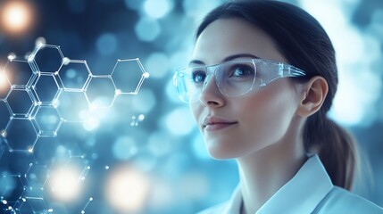 Poster - Woman Scientist Futuristic Technology Molecular Structure Research Science Innovation Laboratory Professional Female Researcher Studying Advanced     