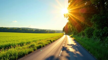 Aufkleber - Golden Sunlight Illuminates a Serene Country Road Winding Through Lush Green Fields and Forested Lanes at Sunset