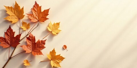 Aufkleber - Autumnal Leaf Arrangement on Pale Background A serene composition featuring a branch with vibrant fall foliage, showcasing a spectrum of warm hues and delicate leaf details.