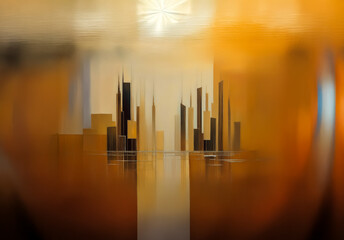 Aufkleber - Abstract cityscape in warm hues of orange, brown, and yellow.  Blurry and dreamy, the image suggests a tranquil urban scene with reflections and a glowing light source.