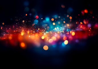 Aufkleber - Abstract bokeh lights create a vibrant and dreamy atmosphere with a dark backdrop.  Red, blue, orange, and yellow hues blend in a beautiful display.