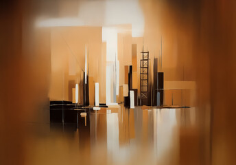 Aufkleber - Abstract cityscape in warm hues of beige and brown. Rectangular forms suggest buildings and skyscrapers, creating an urban impression with blurred edges and soft lighting.