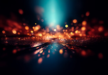 Poster - Abstract image of blurred orange bokeh lights against a dark blue backdrop, with a bright turquoise light source creating dynamic and energetic visual.