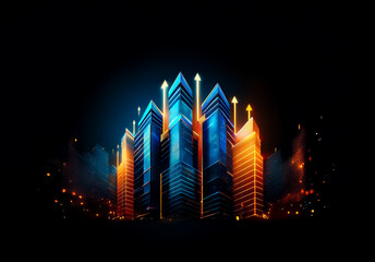 Fototapete - Futuristic city skyline with glowing buildings illuminated in blue and orange hues. Arrows pointing upwards suggest urban development and ambition.