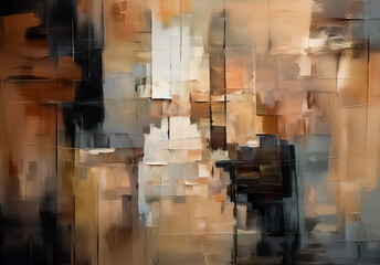 Aufkleber - Abstract painting with textured brushstrokes. Earthy tones of brown, tan, and black create an urban or architectural impression with an abstract style.