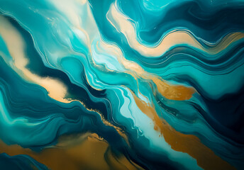 Poster - Abstract fluid art painting. Swirling teal, blue, and gold colors create a dynamic wave-like effect. Looks like liquid marble.