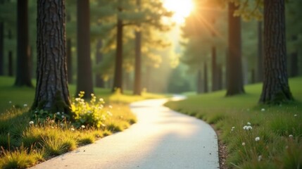 Aufkleber - Serene Sunset Stroll Along a Winding Path Through a Lush Green Forest with Gentle Light and Delicate Wildflowers