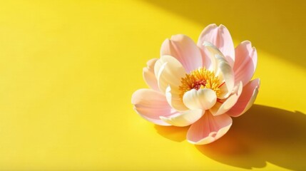 Aufkleber - A delicate blush pink flower blossom rests gently on a vibrant yellow background, bathed in sunlight, showcasing its soft petals and radiant center.