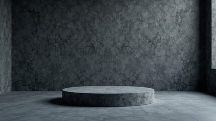 Aufkleber - A circular concrete pedestal sits in a minimalist, dimly lit room with textured walls and a subtle light source