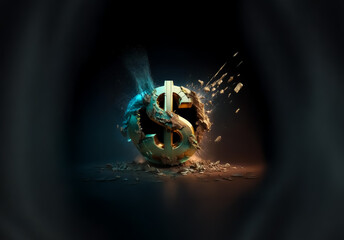 Poster - A stone dollar symbol dramatically fractures, with debris and light bursting from the impact point, set against a dark backdrop, conveying economic fragility.