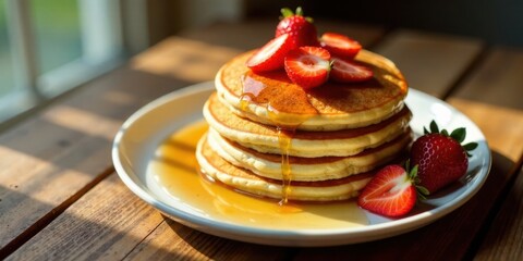 Poster - A stack of golden-brown pancakes, topped with fresh strawberries and a drizzle of sweet syrup, sits on a white plate, bathed in sunlight on a rustic wooden table.